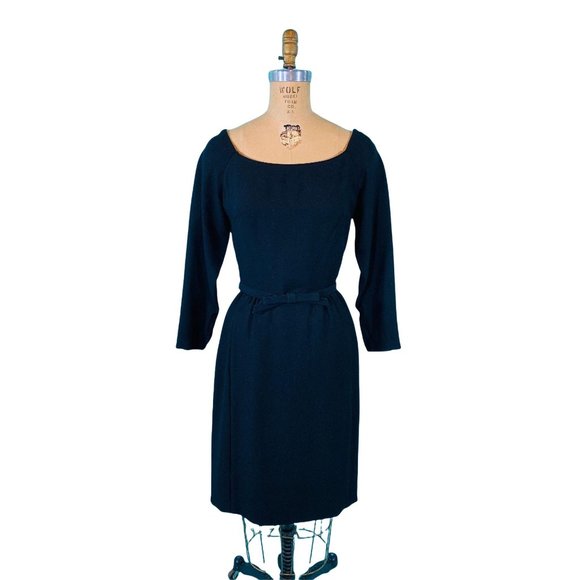 Vintage 1950s Black Cocktail Dress Off The Shoulder Bow Belt SheathW 26"